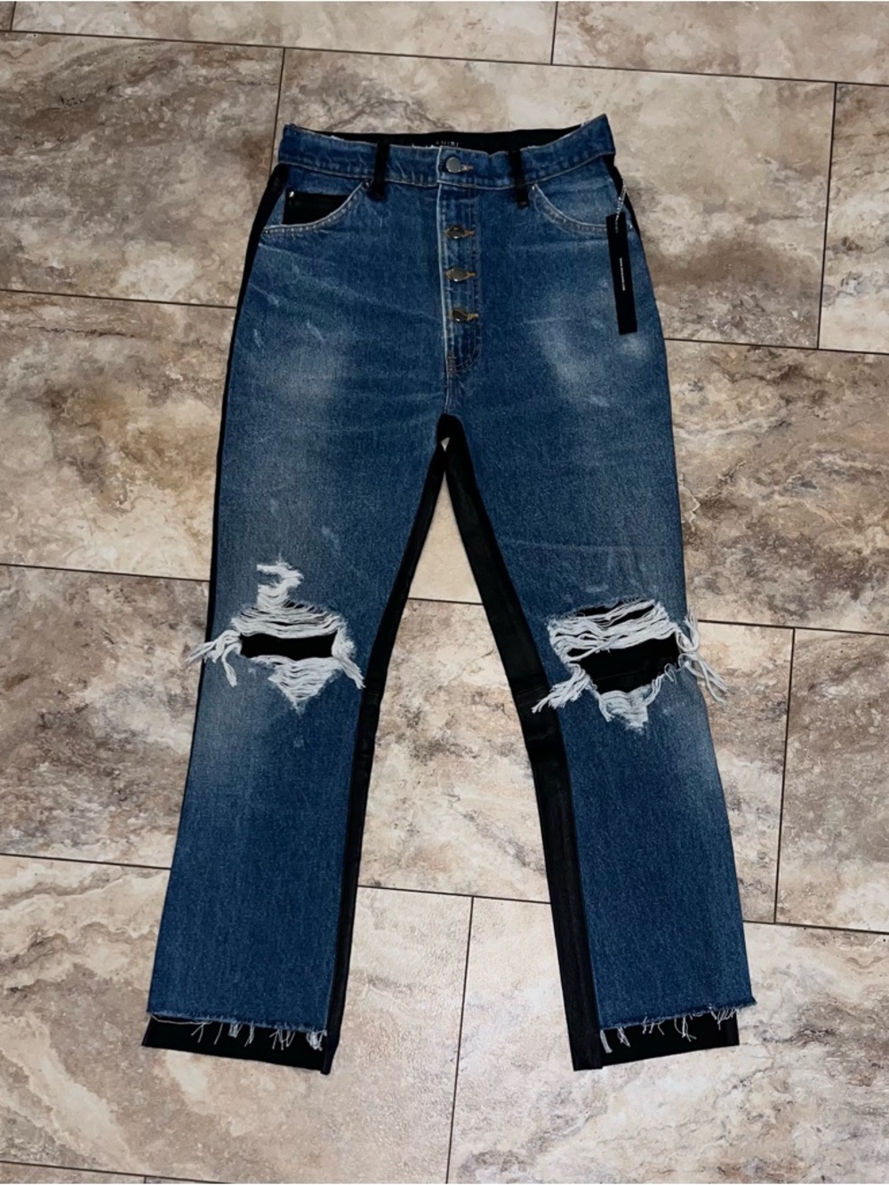 AMIRI Women’s Leather Denim Crop Flare Jeans Med Indigo/Black Distressed Size 27